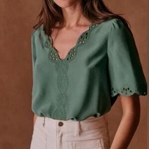 Sezane Francia Silk Embroidered Blouse In Green Size XS